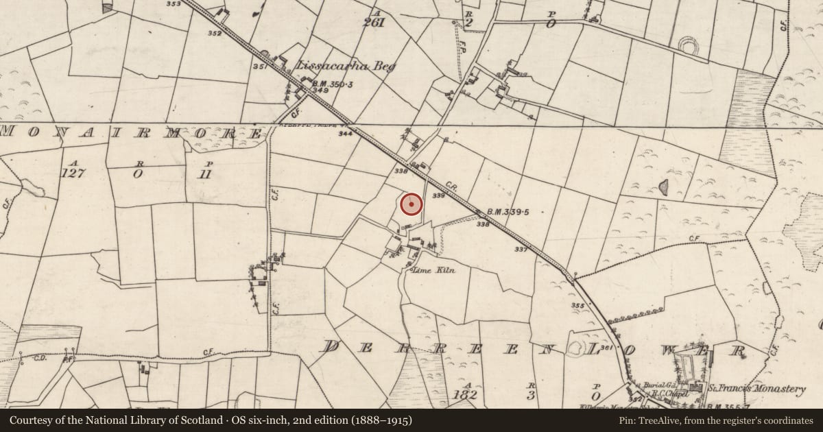 Ordnance Survey six-inch map, 2nd edition (1888–1915) covering the location of Ringfort - rath, Derreen Lower, County Galway, with a pin at the register's coordinates