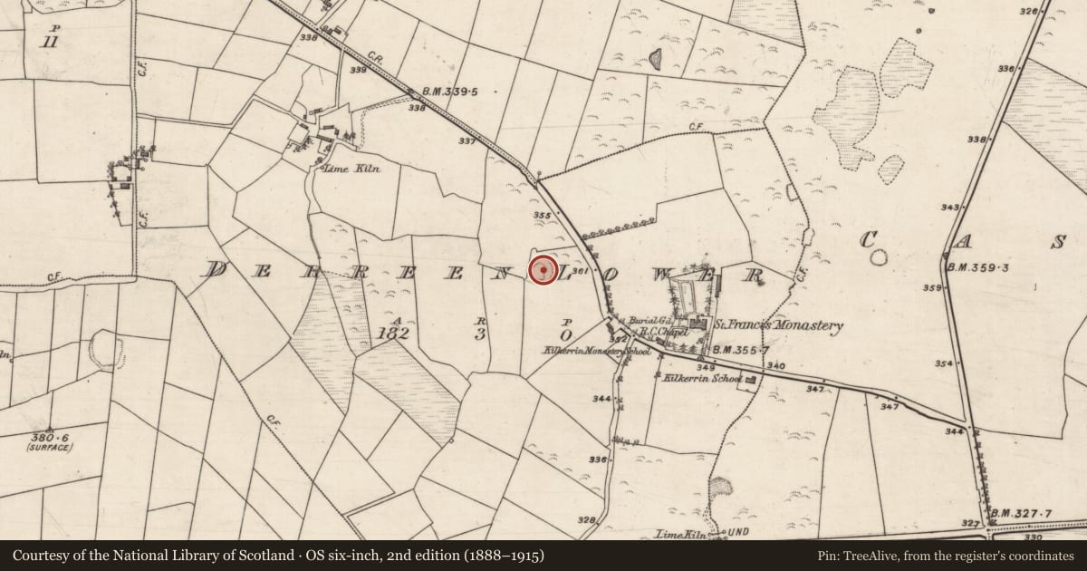 Ordnance Survey six-inch map, 2nd edition (1888–1915) covering the location of Ringfort - rath, Derreen Lower, County Galway, with a pin at the register's coordinates