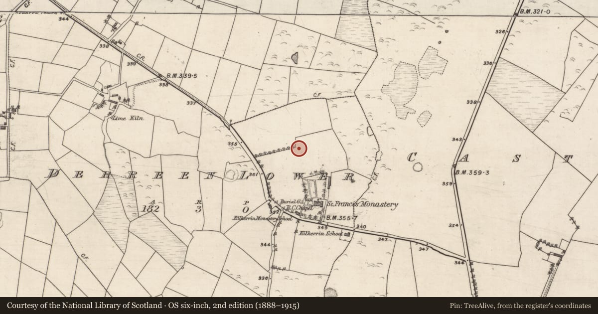 Ordnance Survey six-inch map, 2nd edition (1888–1915) covering the location of Ringfort - rath, Derreen Lower, County Galway, with a pin at the register's coordinates