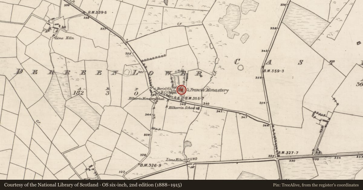Ordnance Survey six-inch map, 2nd edition (1888–1915) covering the location of Religious house - unclassified, Derreen Lower, County Galway, with a pin at the register's coordinates