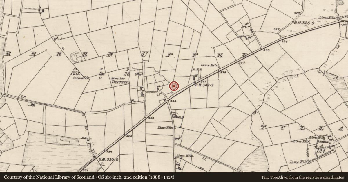 Ordnance Survey six-inch map, 2nd edition (1888–1915) covering the location of Children's burial ground, Derreen Upper, County Galway, with a pin at the register's coordinates