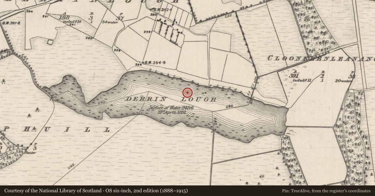 Ordnance Survey six-inch map, 2nd edition (1888–1915) covering the location of Crannog, Derrinlough, County Galway, with a pin at the register's coordinates