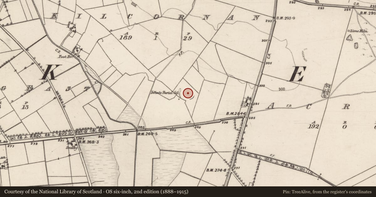 Ordnance Survey six-inch map, 2nd edition (1888–1915) covering the location of Children's burial ground, Kilcornan, County Galway, with a pin at the register's coordinates