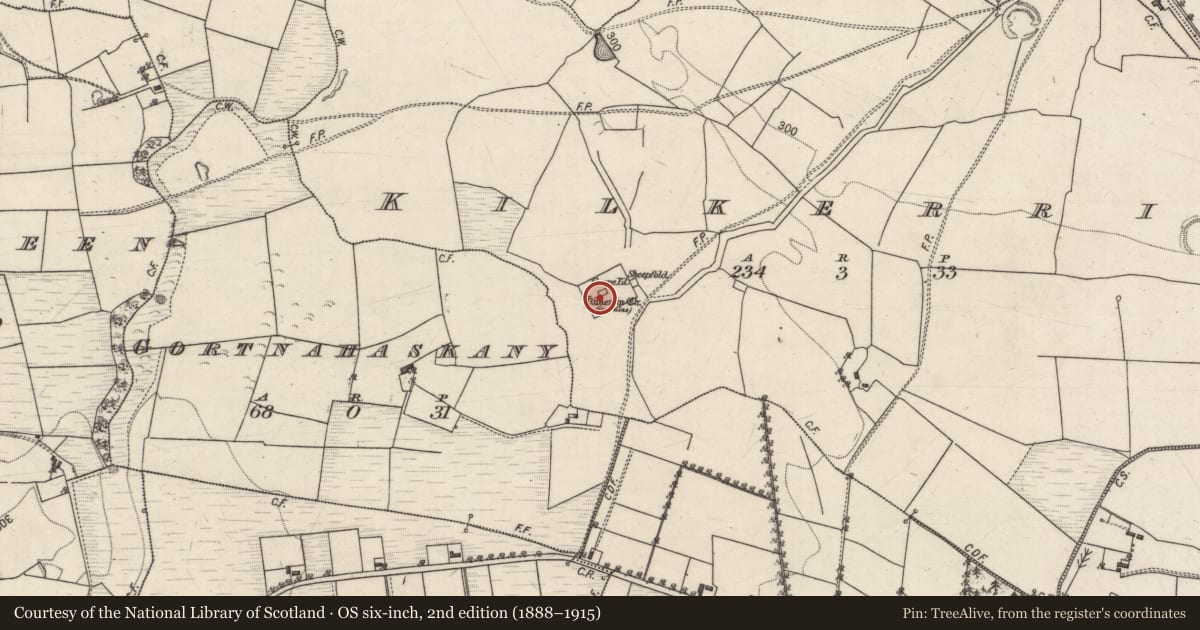 Ordnance Survey six-inch map, 2nd edition (1888–1915) covering the location of Church, Kilkerrin, County Galway, with a pin at the register's coordinates