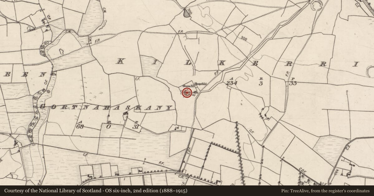 Ordnance Survey six-inch map, 2nd edition (1888–1915) covering the location of Graveyard, Kilkerrin, County Galway, with a pin at the register's coordinates