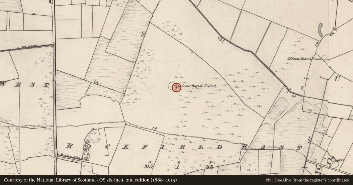 Ordnance Survey six-inch map, 2nd edition (1888–1915) covering the location of Children's burial ground, Rockfield East, County Galway, with a pin at the register's coordinates