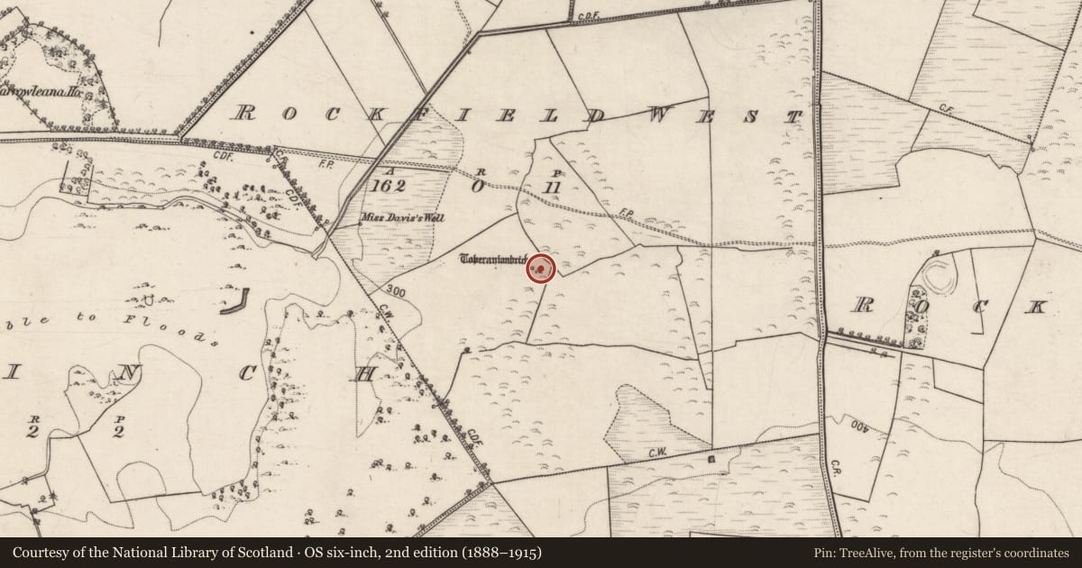 Ordnance Survey six-inch map, 2nd edition (1888–1915) covering the location of Ritual site - holy well, Rockfield West, County Galway, with a pin at the register's coordinates