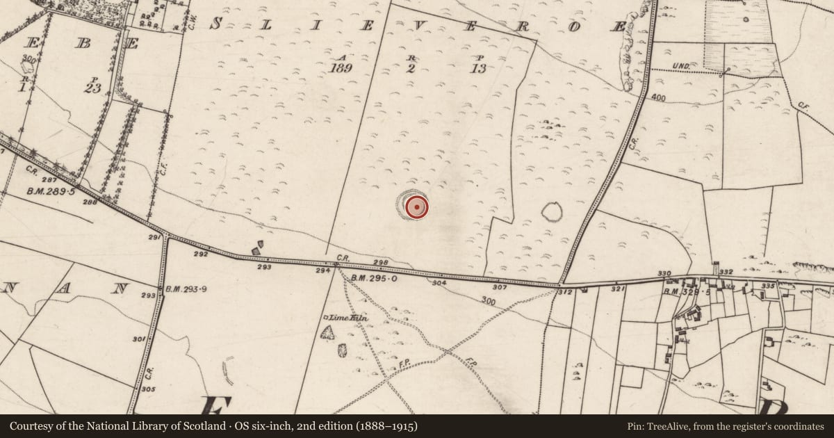 Ordnance Survey six-inch map, 2nd edition (1888–1915) covering the location of Souterrain, Slieveroe, County Galway, with a pin at the register's coordinates