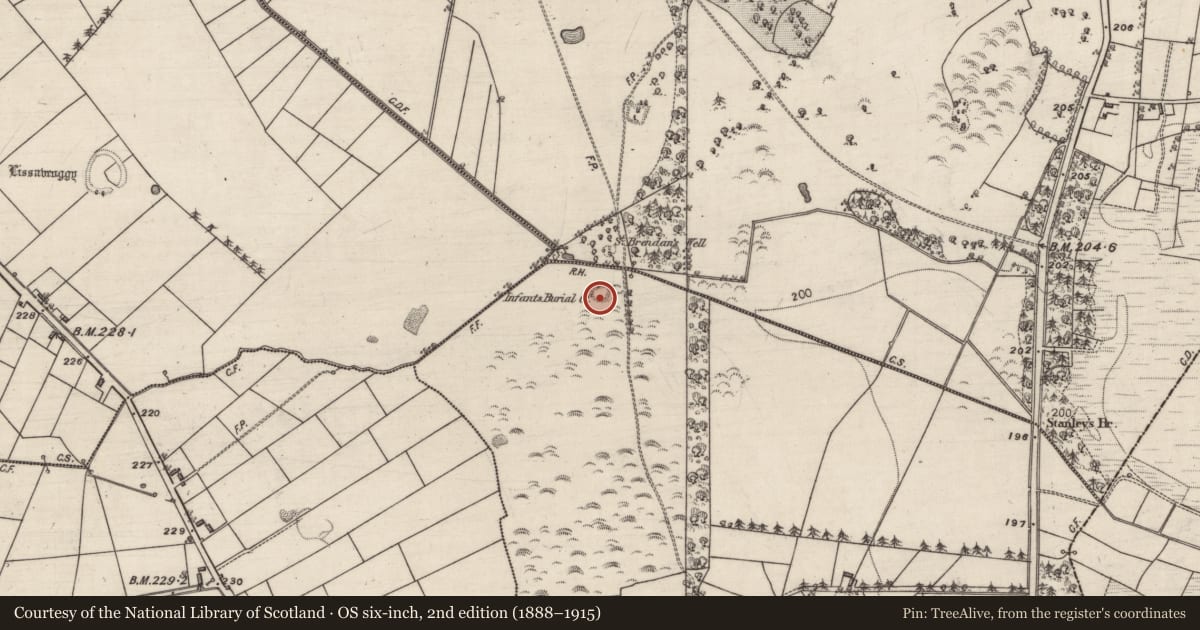Ordnance Survey six-inch map, 2nd edition (1888–1915) covering the location of Children's burial ground, Bleannagloos, County Galway, with a pin at the register's coordinates