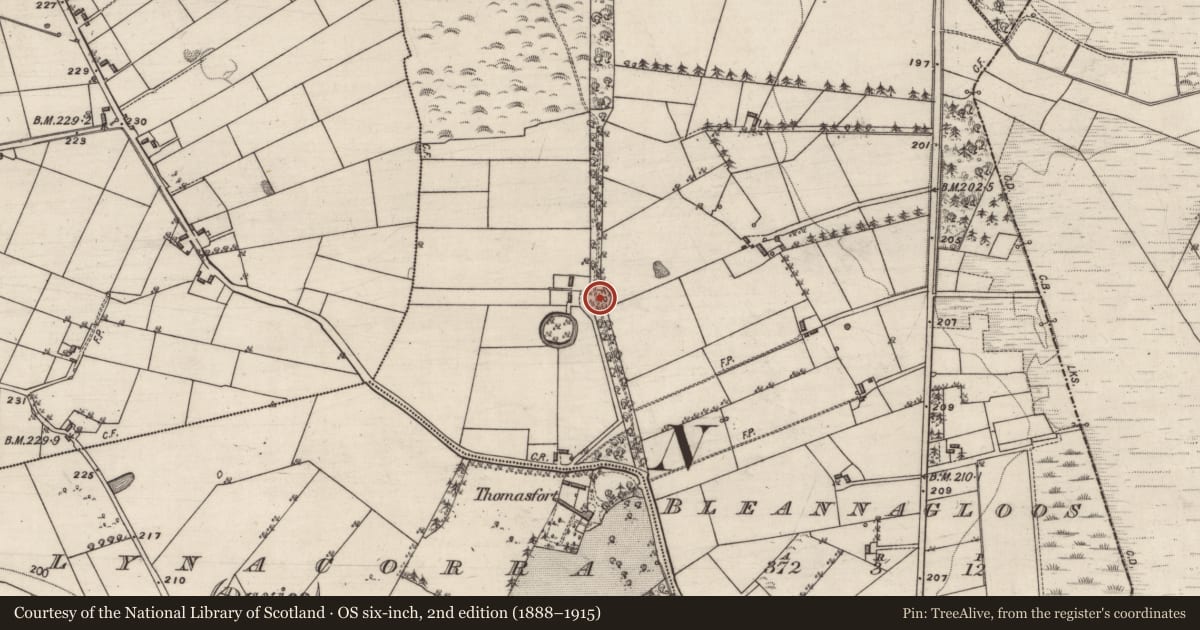 Ordnance Survey six-inch map, 2nd edition (1888–1915) covering the location of Designed landscape feature, Bleannagloos, County Galway, with a pin at the register's coordinates