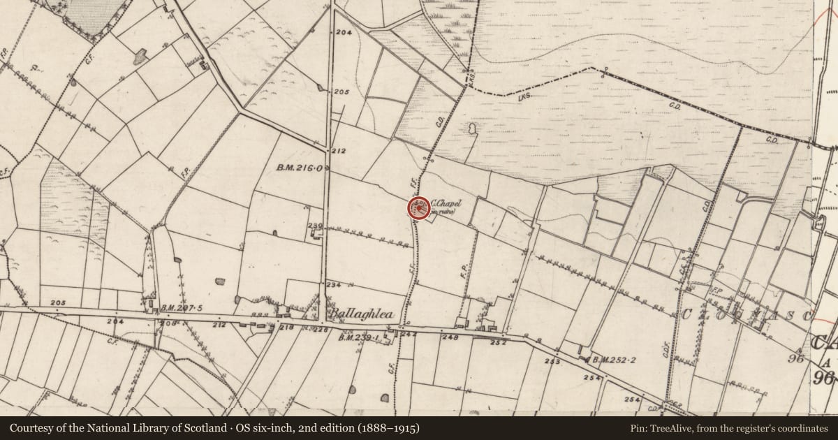 Ordnance Survey six-inch map, 2nd edition (1888–1915) covering the location of Chapel, Cloonascarberry (Cheevers), County Galway, with a pin at the register's coordinates