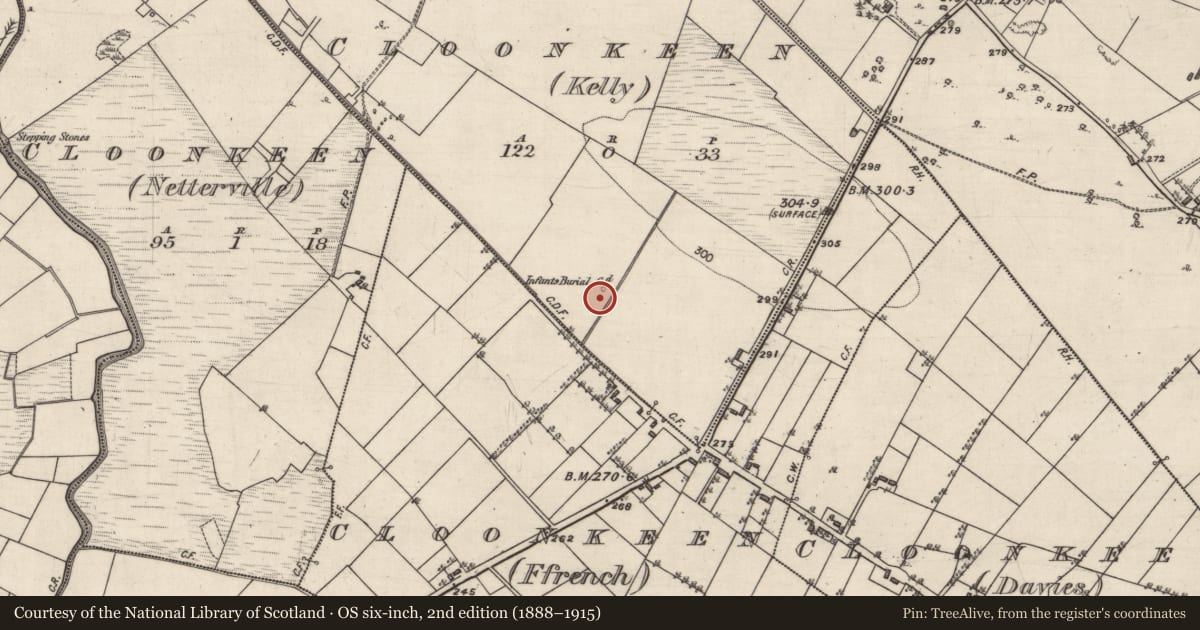 Ordnance Survey six-inch map, 2nd edition (1888–1915) covering the location of Children's burial ground, Cloonkeen (Kelly), County Galway, with a pin at the register's coordinates