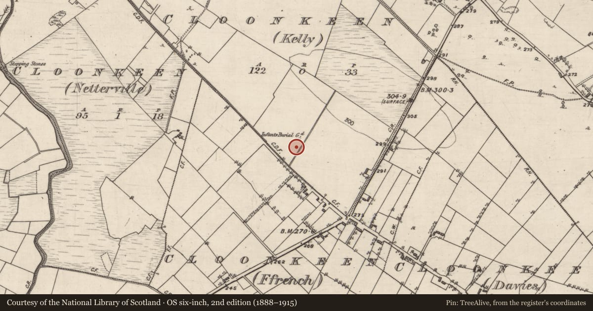 Ordnance Survey six-inch map, 2nd edition (1888–1915) covering the location of Enclosure, Cloonkeen (Kelly), County Galway, with a pin at the register's coordinates