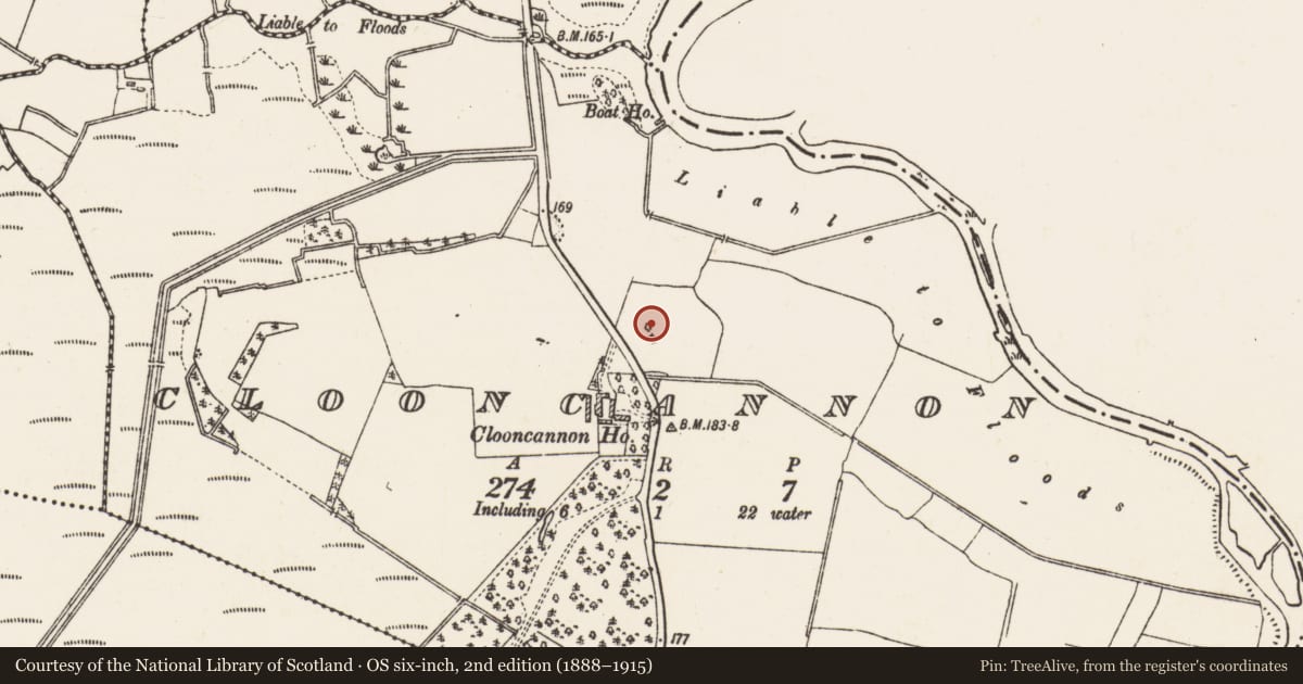 Ordnance Survey six-inch map, 2nd edition (1888–1915) covering the location of Designed landscape feature, Clooncannon, County Galway, with a pin at the register's coordinates