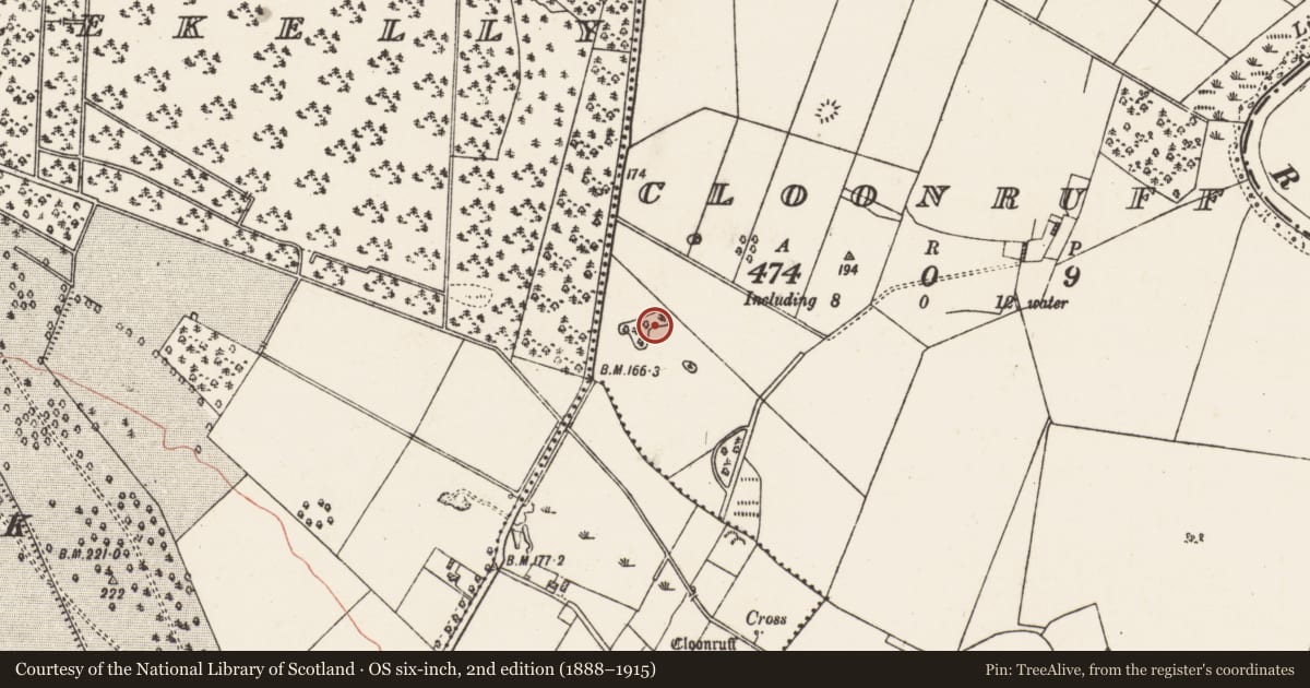 Ordnance Survey six-inch map, 2nd edition (1888–1915) covering the location of Designed landscape feature, Cloonruff, County Galway, with a pin at the register's coordinates