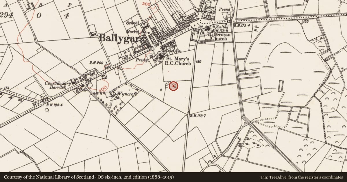 Ordnance Survey six-inch map, 2nd edition (1888–1915) covering the location of Enclosure, Killeroran, County Galway, with a pin at the register's coordinates