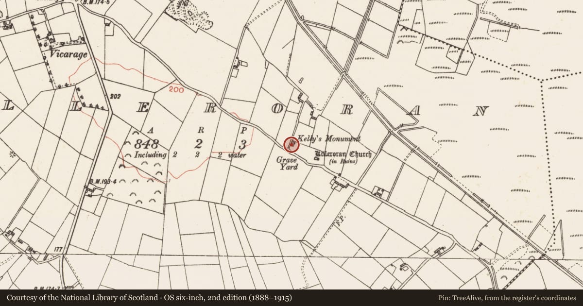 Ordnance Survey six-inch map, 2nd edition (1888–1915) covering the location of Monumental structure, Killeroran, County Galway, with a pin at the register's coordinates