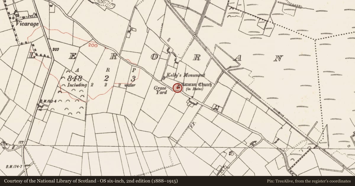 Ordnance Survey six-inch map, 2nd edition (1888–1915) covering the location of Church, Killeroran, County Galway, with a pin at the register's coordinates