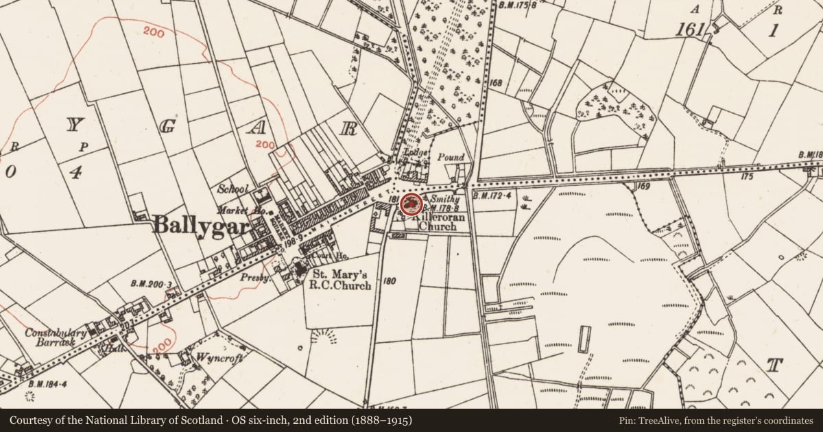 Ordnance Survey six-inch map, 2nd edition (1888–1915) covering the location of Church, Killeroran, County Galway, with a pin at the register's coordinates