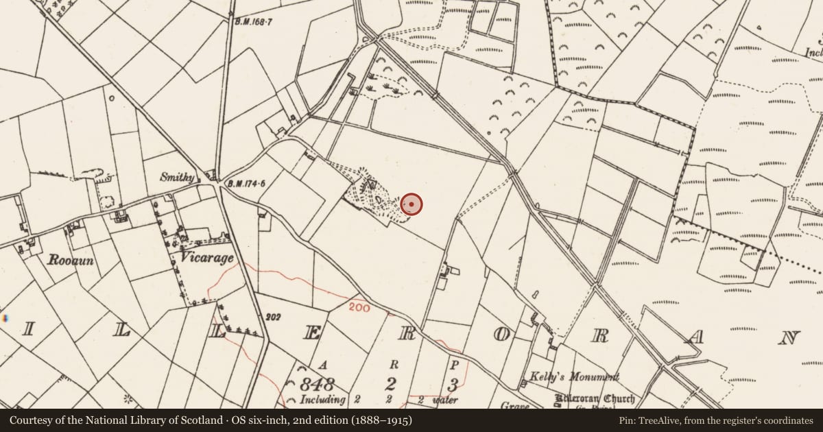 Ordnance Survey six-inch map, 2nd edition (1888–1915) covering the location of Enclosure, Killeroran, County Galway, with a pin at the register's coordinates