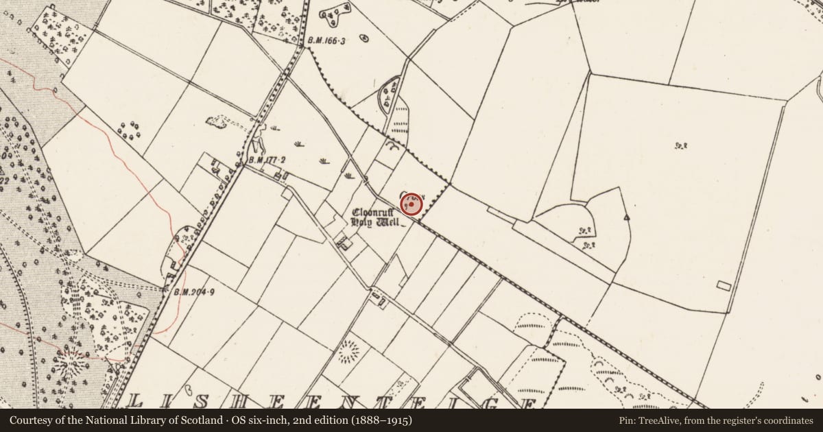 Ordnance Survey six-inch map, 2nd edition (1888–1915) covering the location of Ritual site - holy well, Lisheenteige, County Galway, with a pin at the register's coordinates