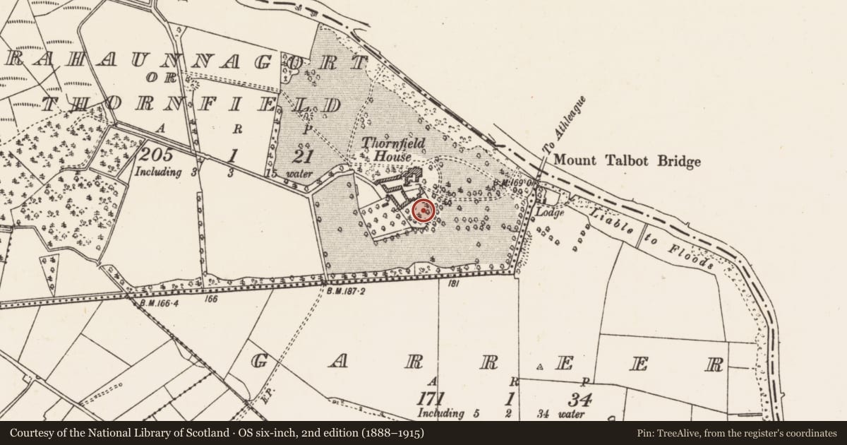 Ordnance Survey six-inch map, 2nd edition (1888–1915) covering the location of Designed landscape feature, Srahaunnagort Or Thornfield, County Galway, with a pin at the register's coordinates