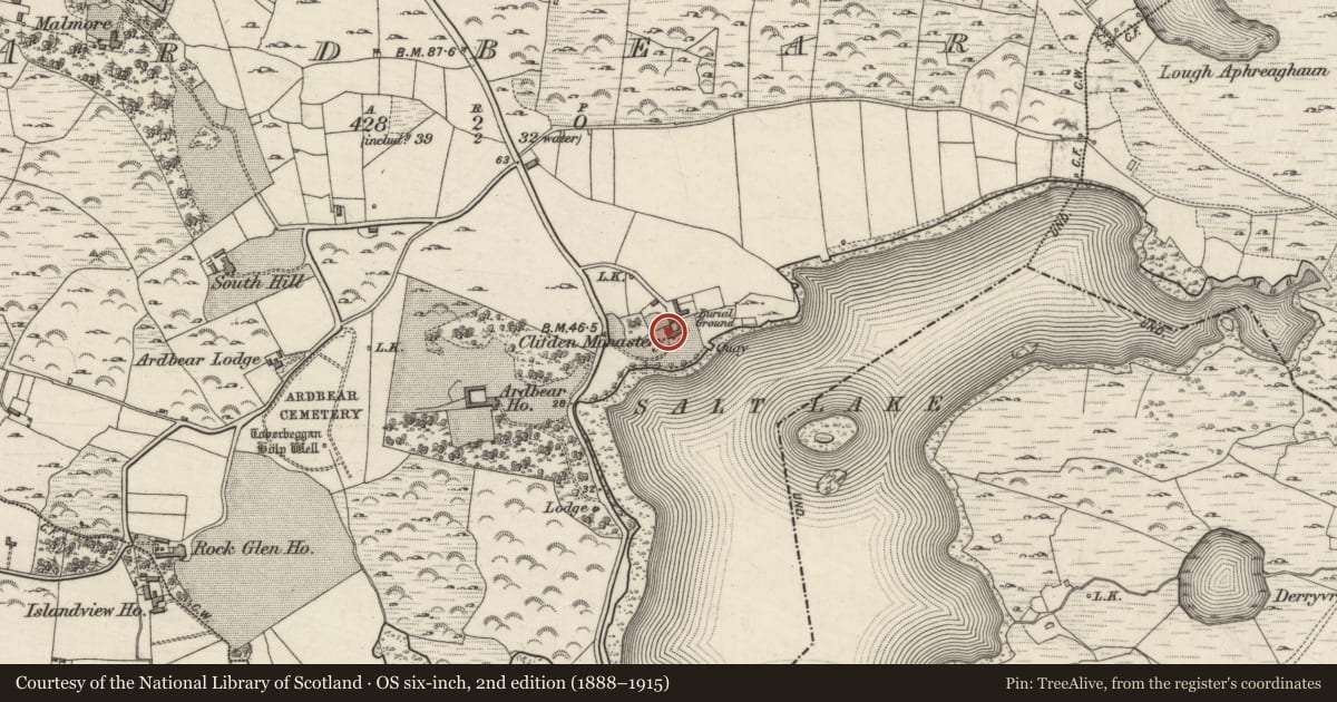 Ordnance Survey six-inch map, 2nd edition (1888–1915) covering the location of Religious house - unclassified, Ardbear, County Galway, with a pin at the register's coordinates