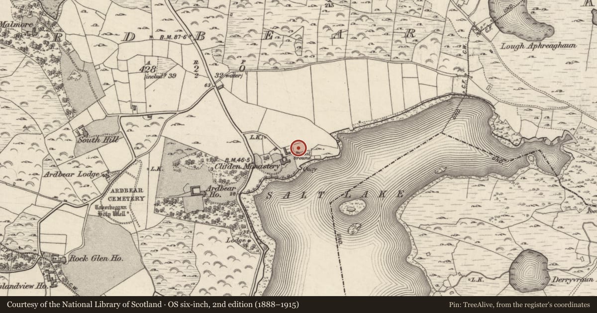 Ordnance Survey six-inch map, 2nd edition (1888–1915) covering the location of Burial ground, Ardbear, County Galway, with a pin at the register's coordinates