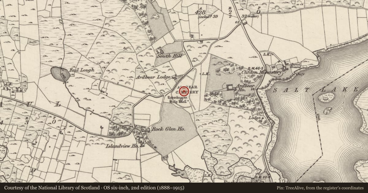 Ordnance Survey six-inch map, 2nd edition (1888–1915) covering the location of Graveyard, Ardbear, County Galway, with a pin at the register's coordinates