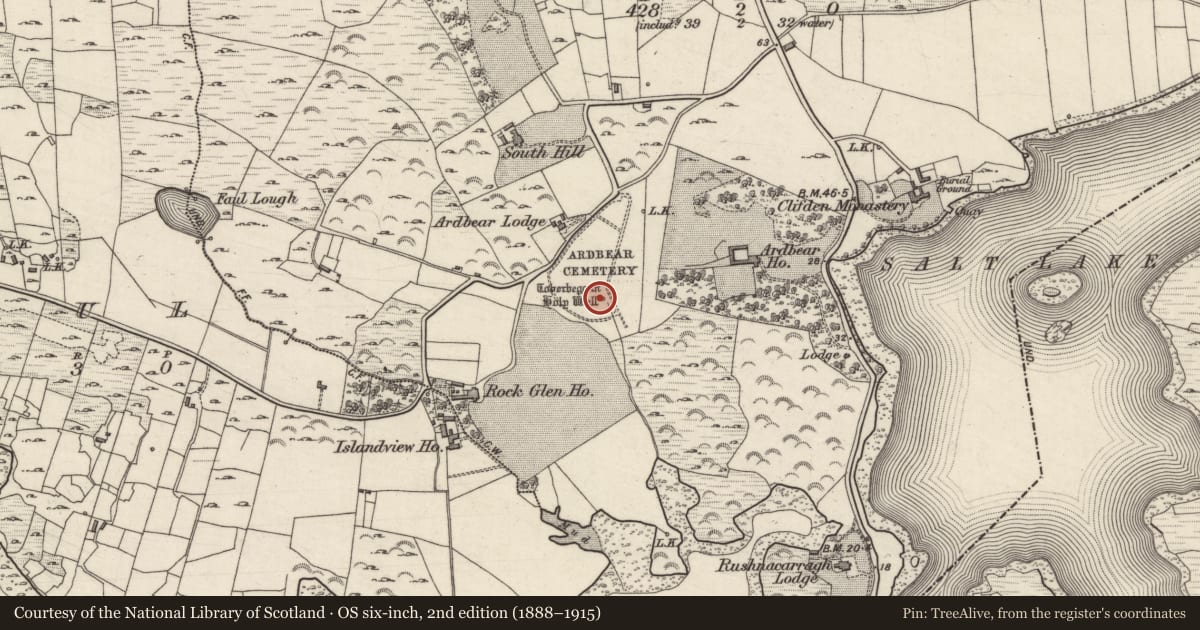 Ordnance Survey six-inch map, 2nd edition (1888–1915) covering the location of Ritual site - holy well, Ardbear, County Galway, with a pin at the register's coordinates