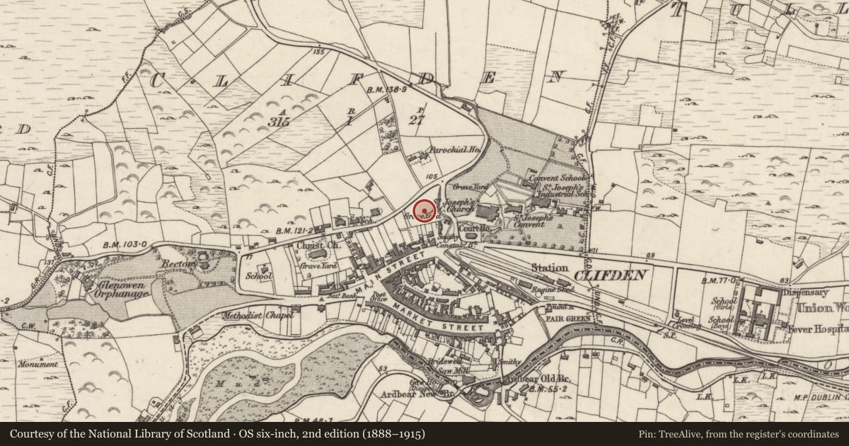 Ordnance Survey six-inch map, 2nd edition (1888–1915) covering the location of Church, Clifden, County Galway, with a pin at the register's coordinates