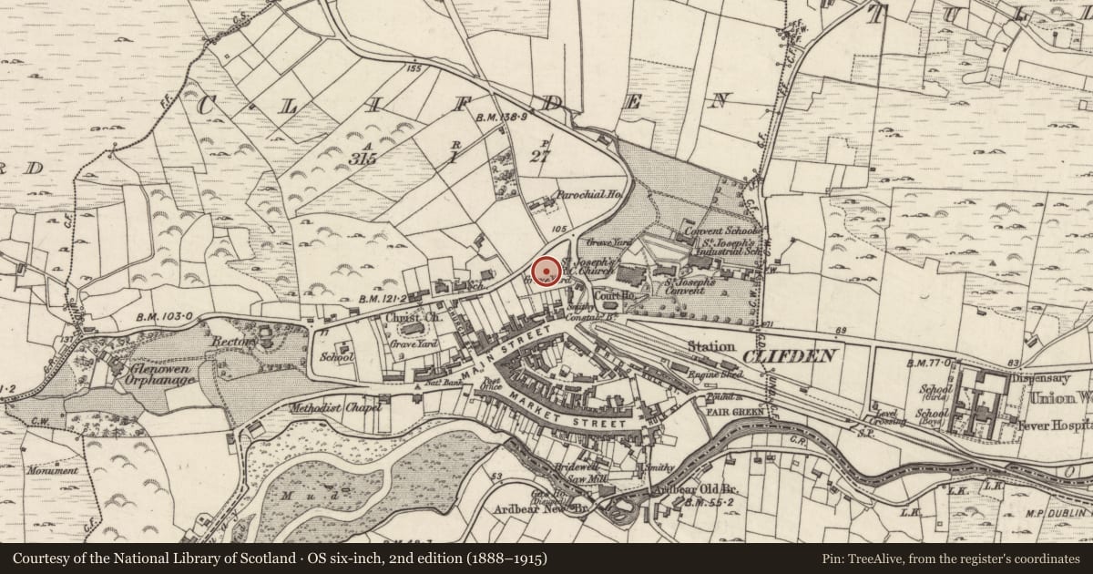 Ordnance Survey six-inch map, 2nd edition (1888–1915) covering the location of Graveyard, Clifden, County Galway, with a pin at the register's coordinates