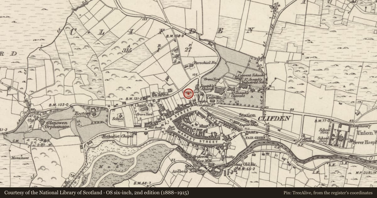 Ordnance Survey six-inch map, 2nd edition (1888–1915) covering the location of Standing stone, Clifden, County Galway, with a pin at the register's coordinates