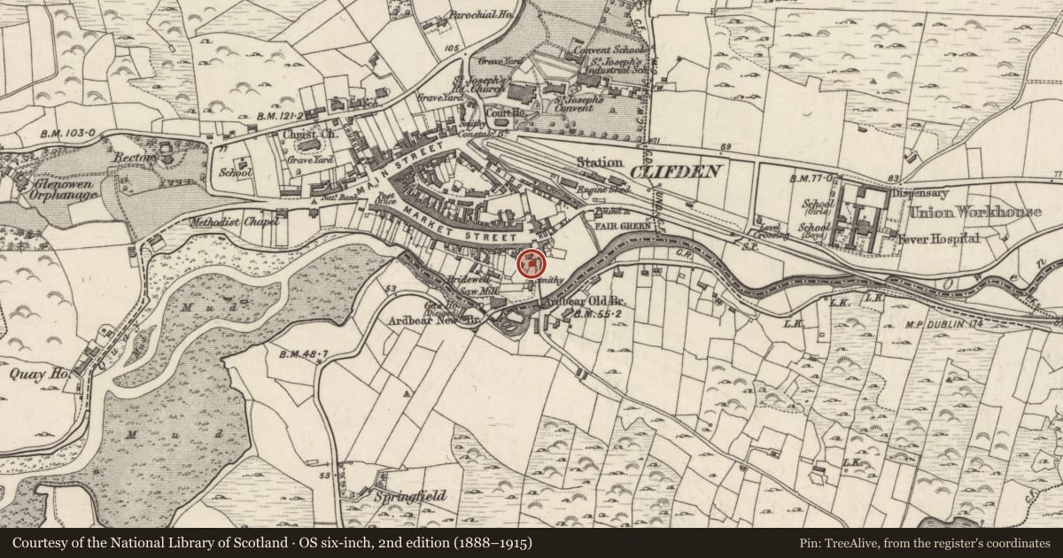 Ordnance Survey six-inch map, 2nd edition (1888–1915) covering the location of Monumental structure, Clifden, County Galway, with a pin at the register's coordinates