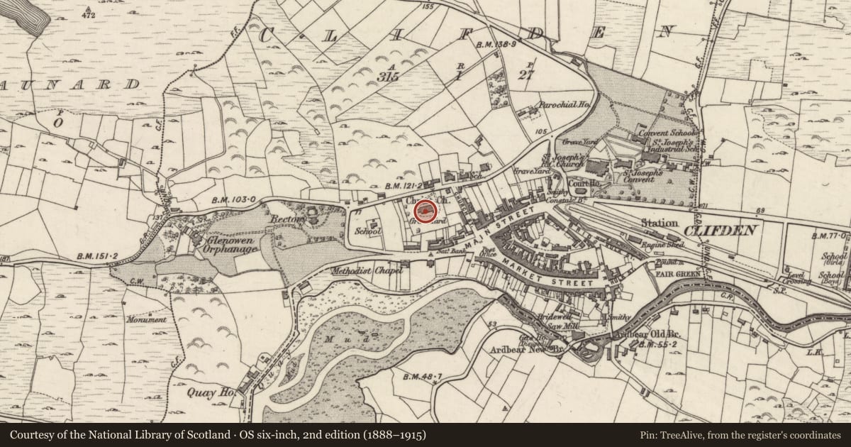 Ordnance Survey six-inch map, 2nd edition (1888–1915) covering the location of Graveyard, Clifden, County Galway, with a pin at the register's coordinates