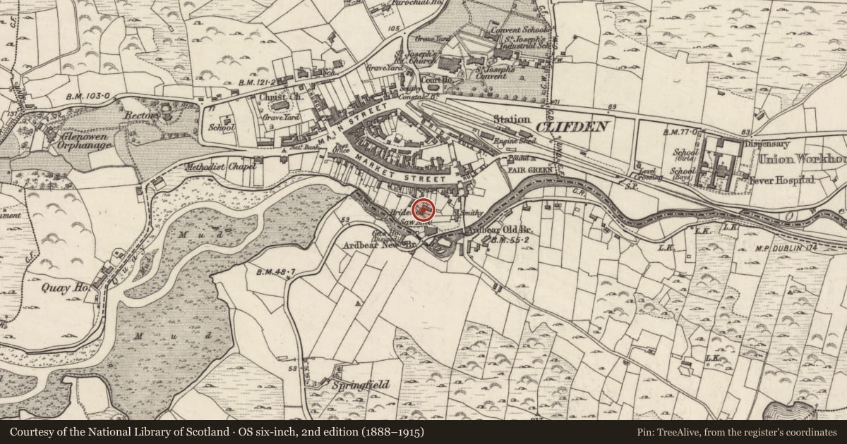 Ordnance Survey six-inch map, 2nd edition (1888–1915) covering the location of Prison, Clifden, County Galway, with a pin at the register's coordinates