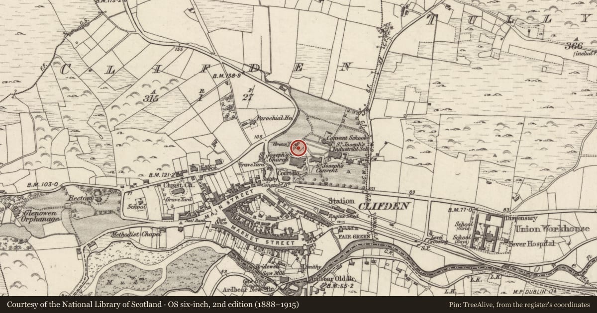 Ordnance Survey six-inch map, 2nd edition (1888–1915) covering the location of Graveyard, Clifden, County Galway, with a pin at the register's coordinates