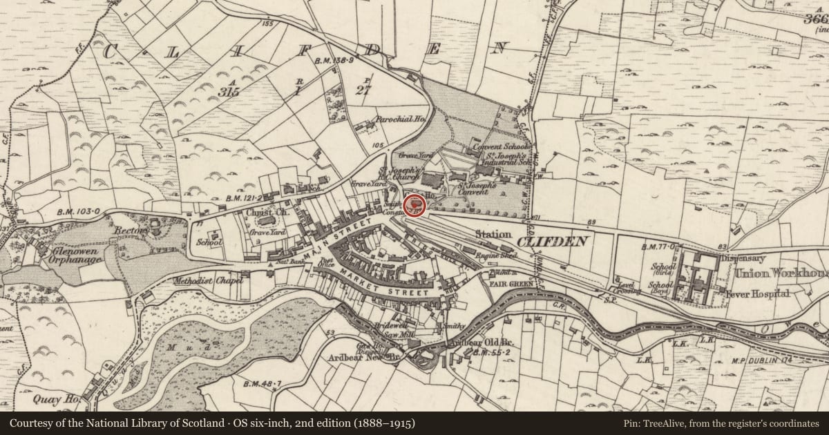 Ordnance Survey six-inch map, 2nd edition (1888–1915) covering the location of Courthouse, Clifden, County Galway, with a pin at the register's coordinates