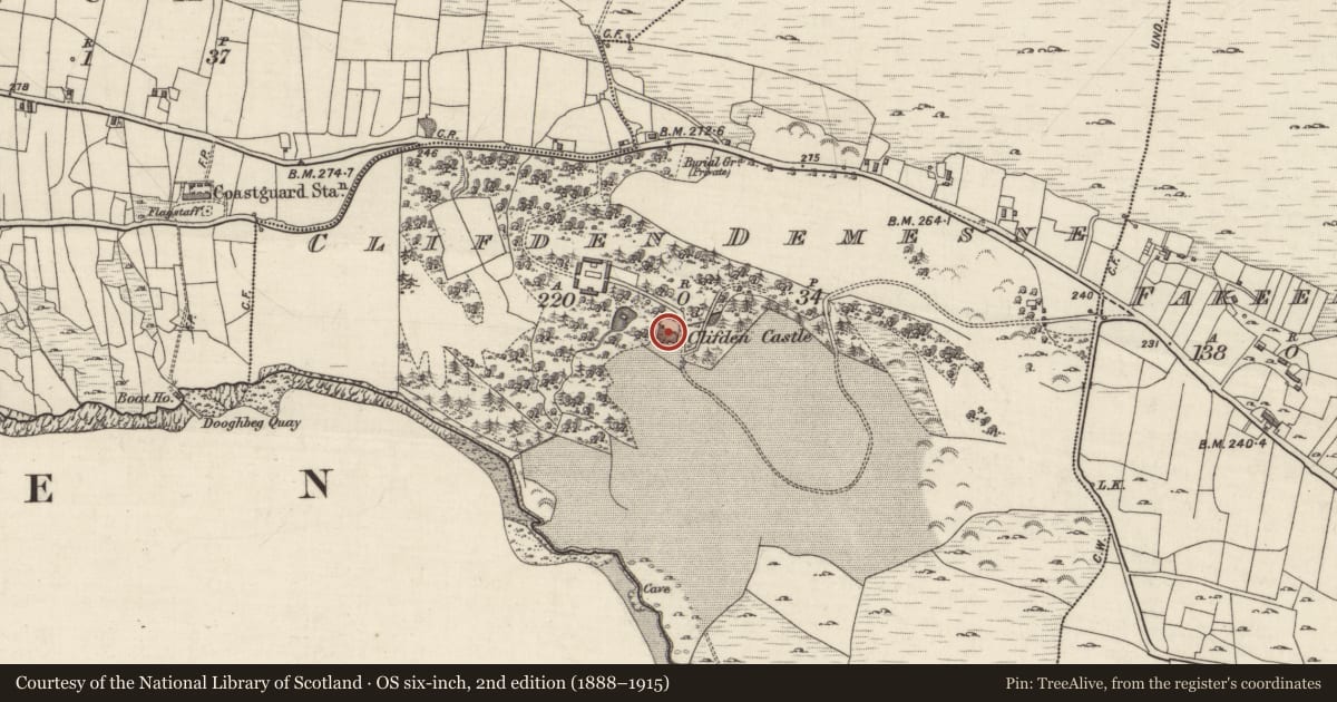 Ordnance Survey six-inch map, 2nd edition (1888–1915) covering the location of Country house, Clifden Demesne, County Galway, with a pin at the register's coordinates