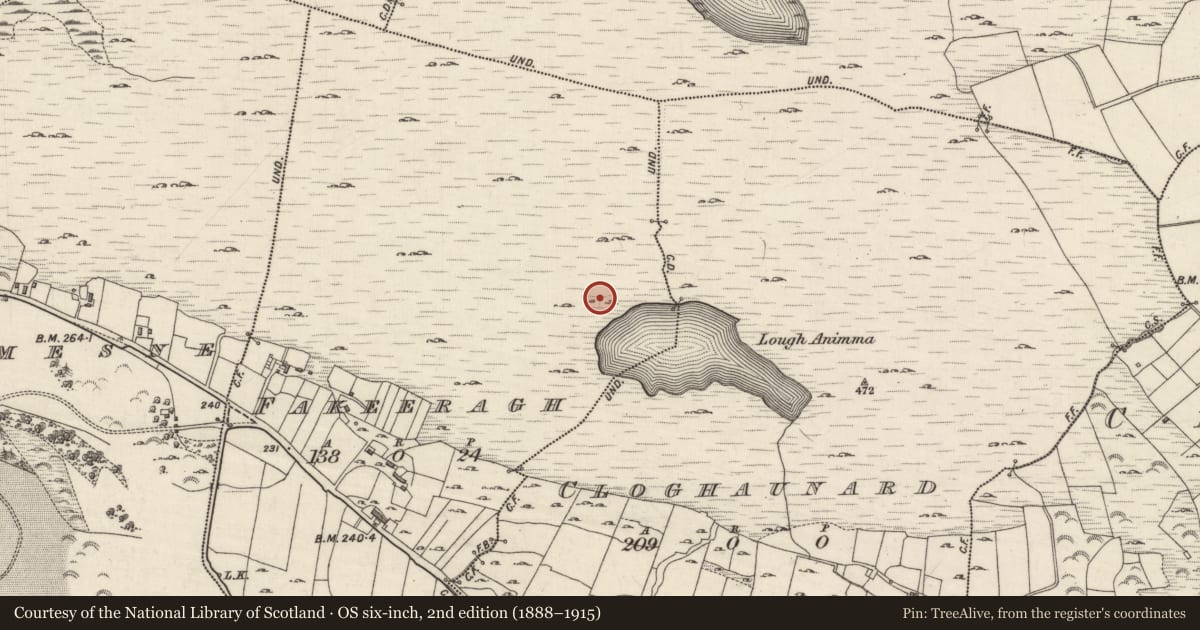 Ordnance Survey six-inch map, 2nd edition (1888–1915) covering the location of Cairn - burial cairn, Fakeeragh, County Galway, with a pin at the register's coordinates