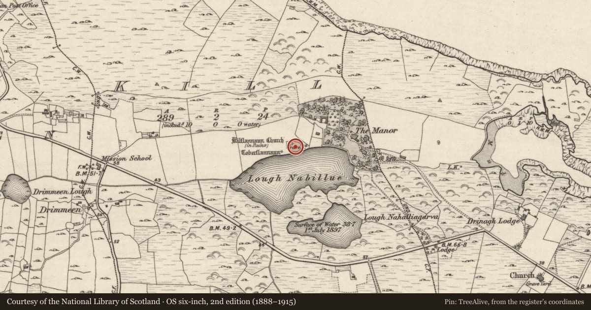 Ordnance Survey six-inch map, 2nd edition (1888–1915) covering the location of Graveyard, Kill (Ballindoon Par.), County Galway, with a pin at the register's coordinates