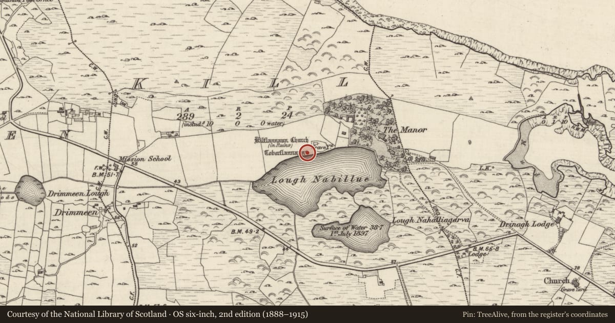 Ordnance Survey six-inch map, 2nd edition (1888–1915) covering the location of Ritual site - holy well, Kill (Ballindoon Par.), County Galway, with a pin at the register's coordinates