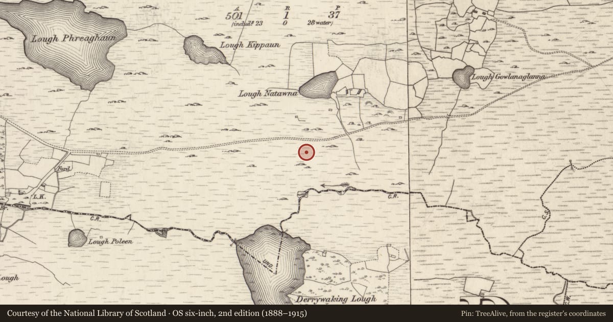 Ordnance Survey six-inch map, 2nd edition (1888–1915) covering the location of Burial, Killymongaun, County Galway, with a pin at the register's coordinates