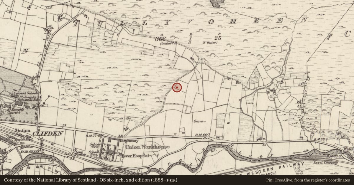 Ordnance Survey six-inch map, 2nd edition (1888–1915) covering the location of Burial ground, Tullyvoheen, County Galway, with a pin at the register's coordinates