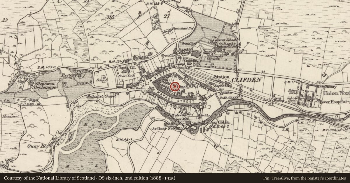 Ordnance Survey six-inch map, 2nd edition (1888–1915) covering the location of Town, Clifden, County Galway, with a pin at the register's coordinates