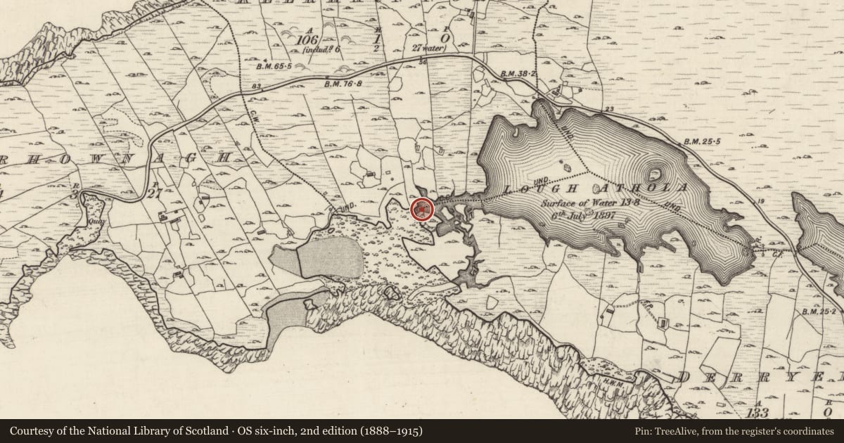 Ordnance Survey six-inch map, 2nd edition (1888–1915) covering the location of Weir - fish, Keerhaun North, Derryeighter, County Galway, with a pin at the register's coordinates