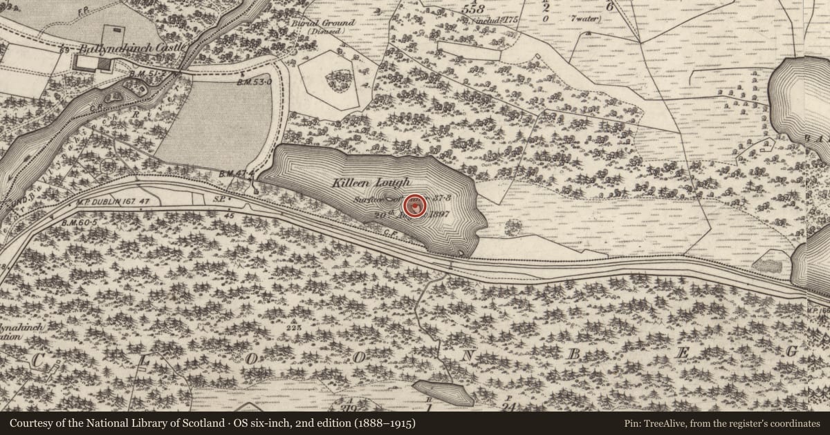 Ordnance Survey six-inch map, 2nd edition (1888–1915) covering the location of Crannog, Killeen, County Galway, with a pin at the register's coordinates