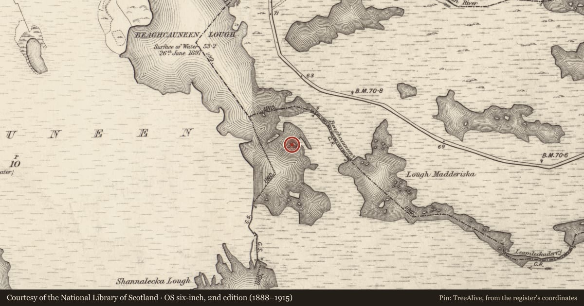 Ordnance Survey six-inch map, 2nd edition (1888–1915) covering the location of Crannog, Slieveburke, County Galway, with a pin at the register's coordinates