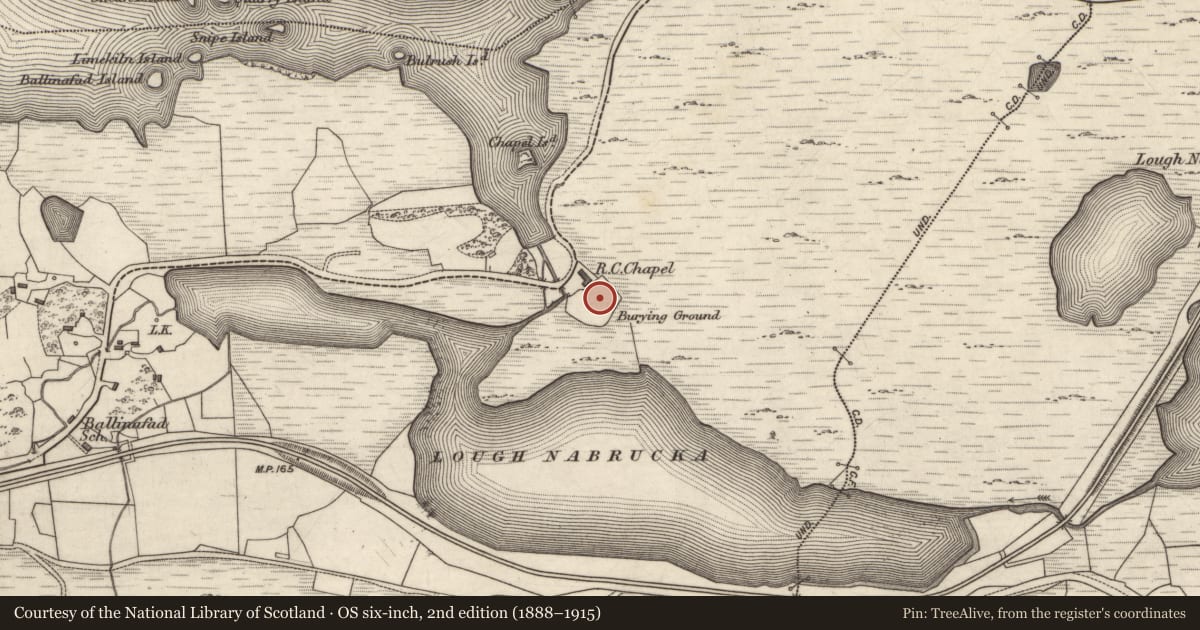 Ordnance Survey six-inch map, 2nd edition (1888–1915) covering the location of Graveyard, Ballinafad, County Galway, with a pin at the register's coordinates