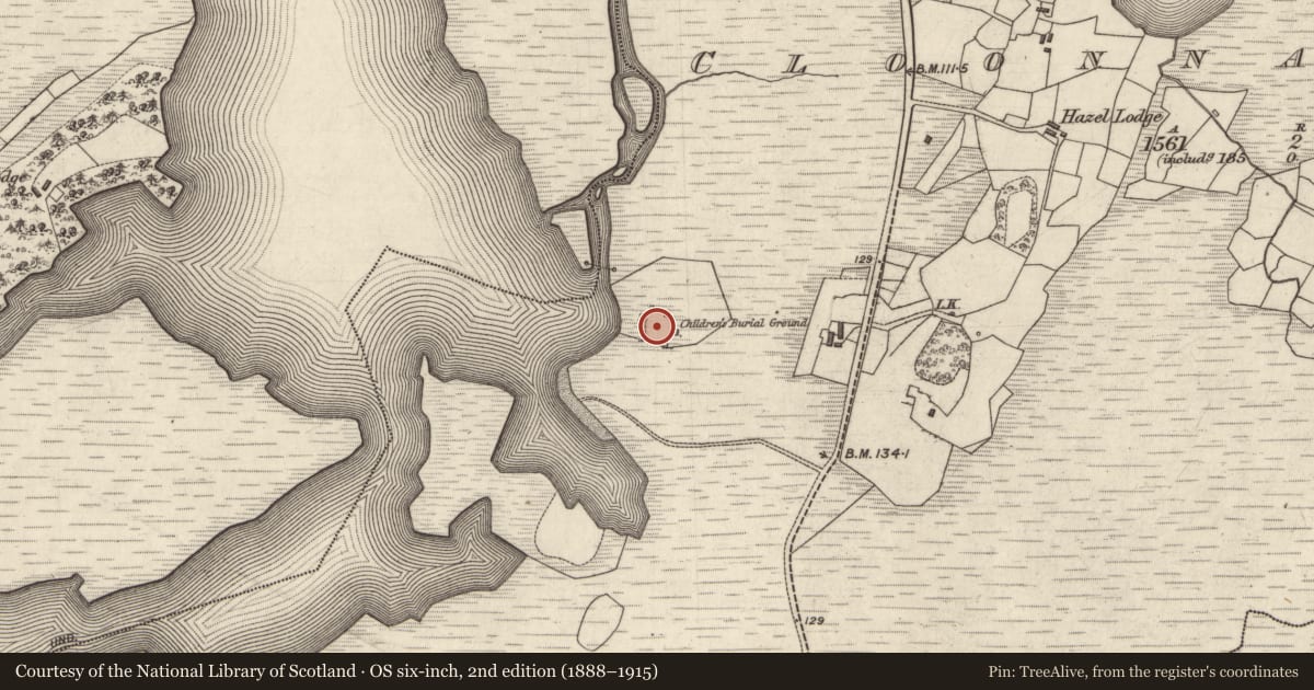 Ordnance Survey six-inch map, 2nd edition (1888–1915) covering the location of Children's burial ground, Cúil Na Ceártan, County Galway, with a pin at the register's coordinates